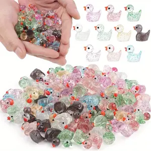 Cute Mini Ducks with Glitter Transparent Body Pink Colorful Resin Figurines for Dollhouse Aquarium Garden Party Decoration DIY Crafts Miniatures Glow Animal