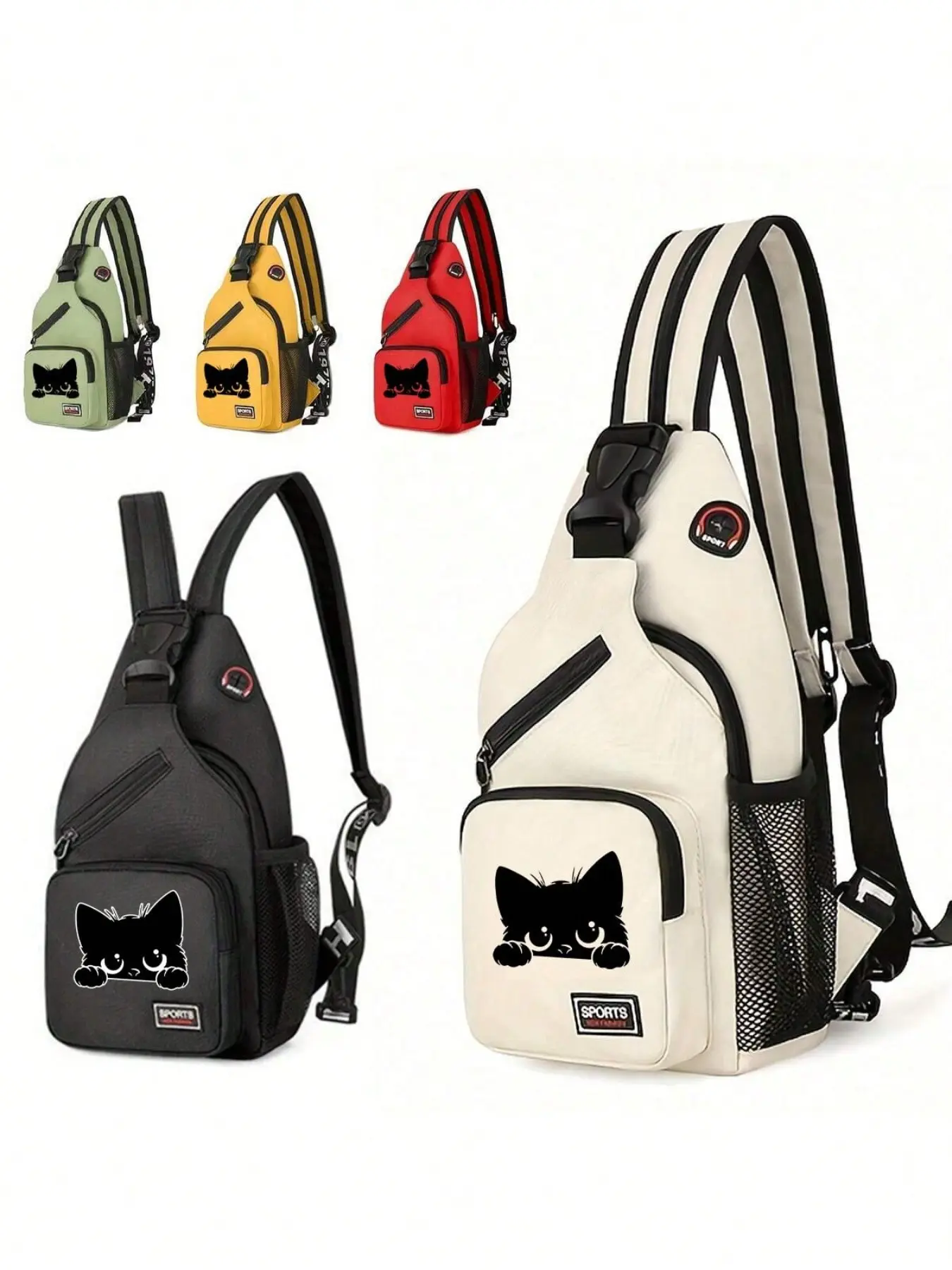 Double Zipper Messenger Bag For Men And Women, Black cat pattern Funny Design, Mini Chest Bag, Casual Shoulder Bag, Creative Design Bag, Suitable For Daily Use, Outdoor Activities, Travel, Hiking, Portable, Ideal Choice For Gift Giving