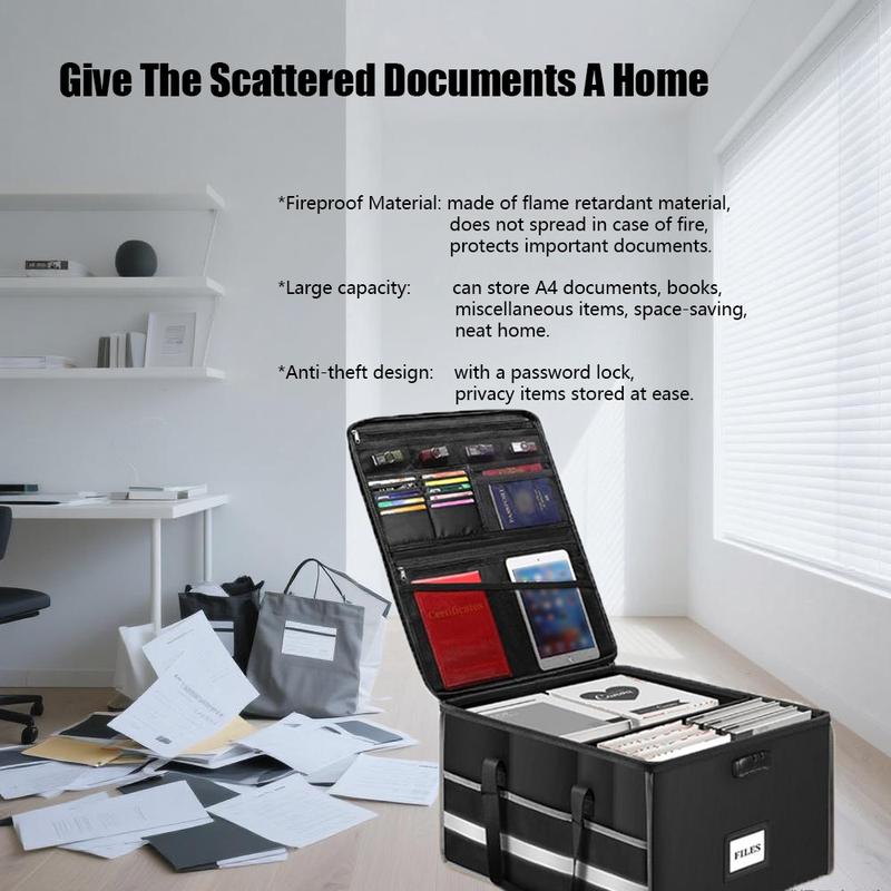 Portable Collapsible Storage Organizer Fireproof Document Case with Lock for Legal Files Home Office Letter Folders Compact & Versatile