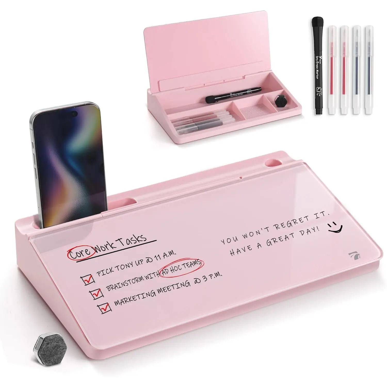 12 x 7 inches Small Compact Glass Desktop Whiteboard with Storage - Marker Holder, Ample Writing Surface, Built-in Phone Stand, Comfortable Viewing, Dry Erase Board for Office, Desk Organizer with 5 Markers & Eraser