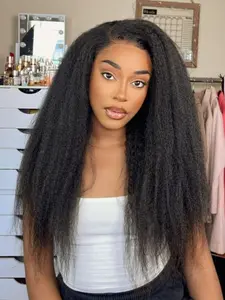 28 Inch Kinky Curly Wigs 13x4 Lace Front Wig Valentine Look Natural Texture Long Black Yaki Straight Wigs for Black Women Afro Kinky Straight Wig Pre Plucked Hairline Heat Resistant Synthetic Wig Everyday Protective Style Hyperrealism Wig