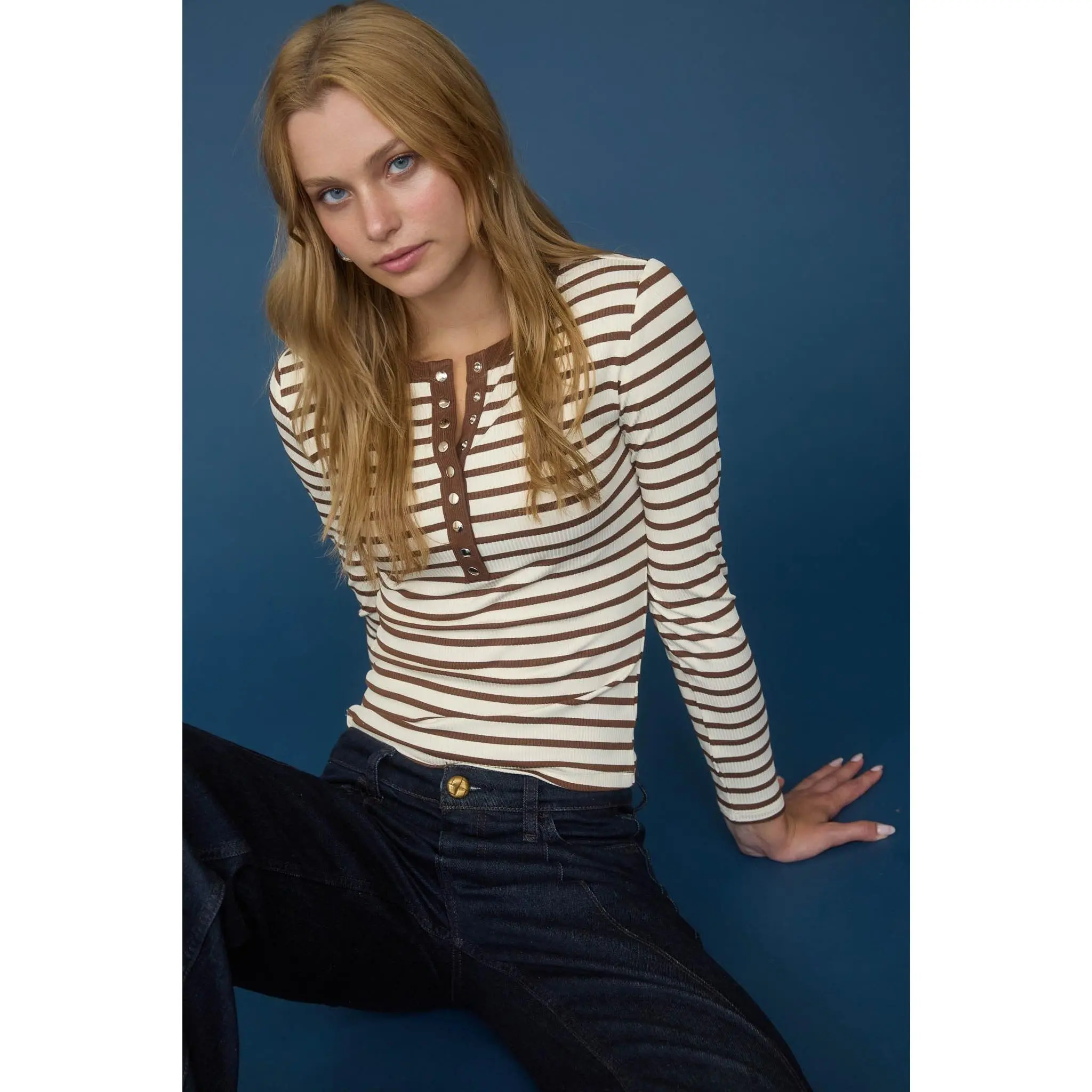 Carson Stripe Henley Rib Knit Top (Ivory)
