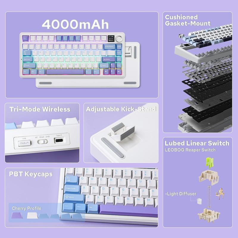 X Aula F75 MAX  Mechanical Keyboard with TFT Screen and Knob, Gasket Gaming Keyboard in 75% Layout, Hot Swappable, RGB Backlight, for PC//Linux (Blue&White&Purple)