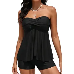 Tempt Me Women Strapless Tankini Swimsuits - Two Piece Halter Bathing Suit Bandeau Flyaway Top with High Waist Swim Shorts