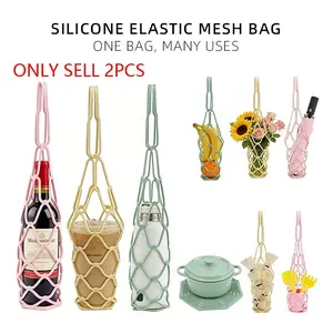 2 PCS Multi-Use Silicone Storage Bag & Organizer,Multifunctional Mesh Coaster,Silicone Wine Carrier,Reusable, Foldable, Portable Coaster for Wine Bottles, Cans, Cups, Hot Dishes,and Beverages,Handheld Bottle Mesh Coaster,Water Bottles, Fruits, Hot Dishes
