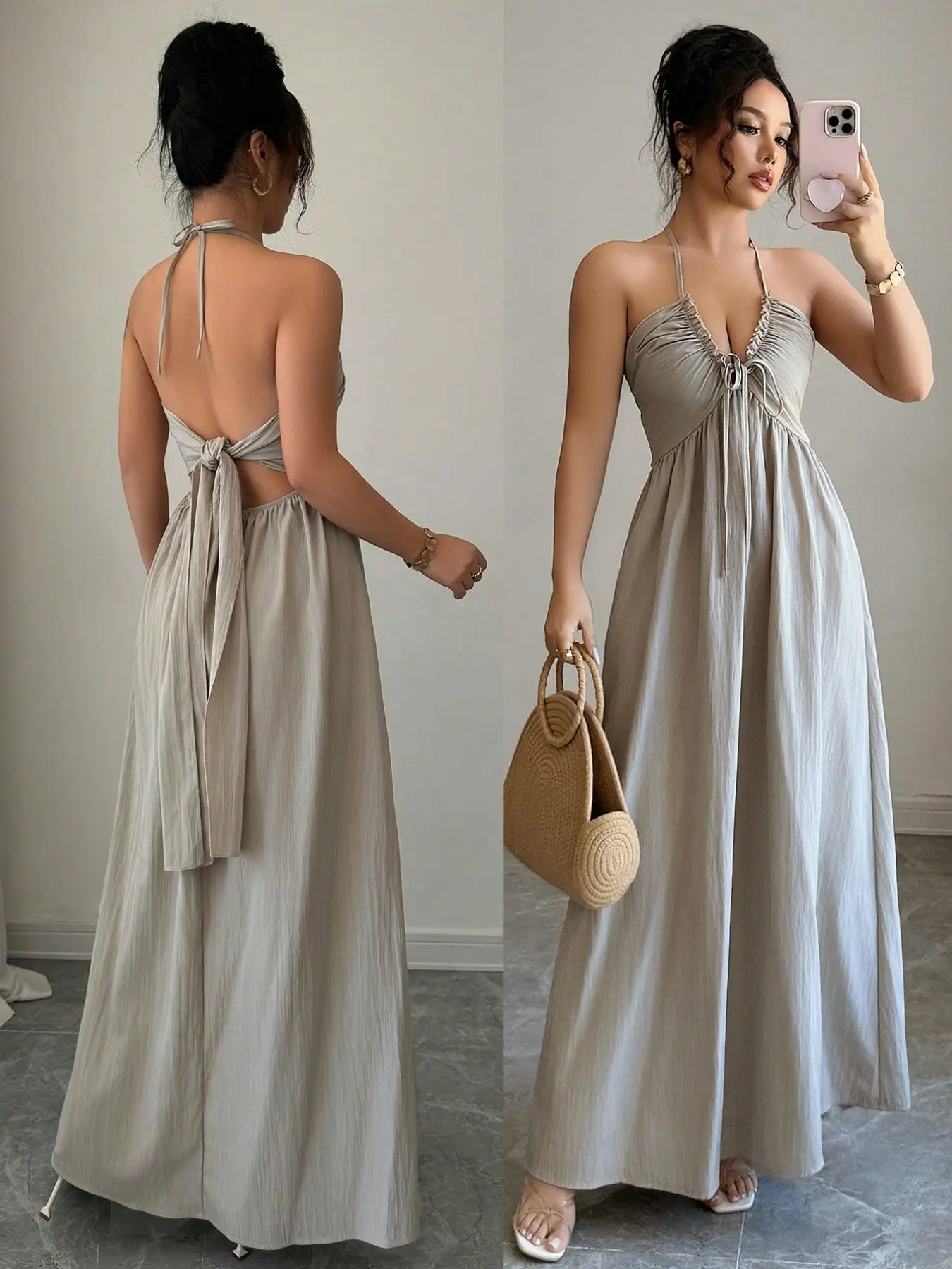 Women's Solid Color Halter Neck Tie Maxi Dress, Sleeveless, Chic, Elegant and Simple Design, Perfect for Daily Wear, Casual, Everyday, Comfortable and Stylish, Elegance