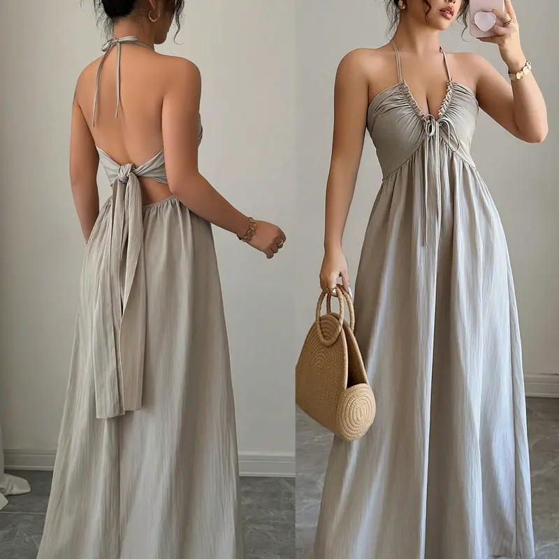 Women's Solid Color Halter Tie Neck Maxi Dress, Sleeveless Flowy Long Dress, Simple Elegant Style for Casual Daily Wear