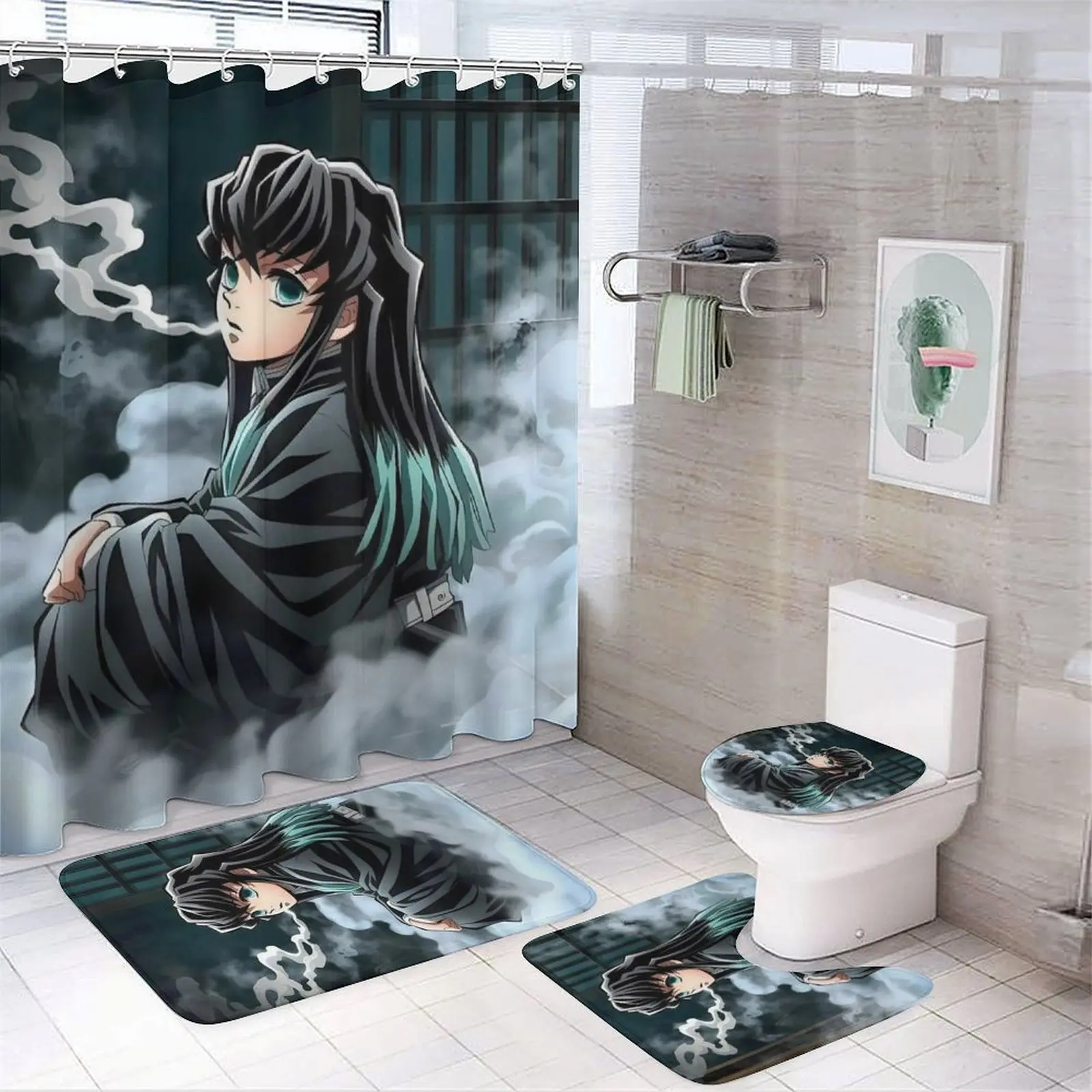 4 Piece Shower Curtain Set with Rugs Demon Slayer Tokitou Muichirou Shower Curtain Bathroom Sets Decor Waterproof