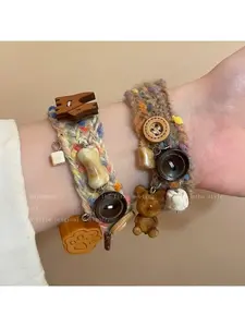 Cute Bear Plush Woven Pet Button Bracelet for Women, Maillard Sweet Cool Y2K Bracelet