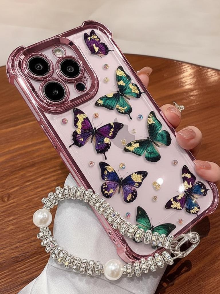 Five Butterflies Pattern Women's Phone Case for iPhone 11/12/13/14/15/16/17 Pro Max, Pink Chrome Alloy Frame Reinforced Corner Protection Protective Phone Cover