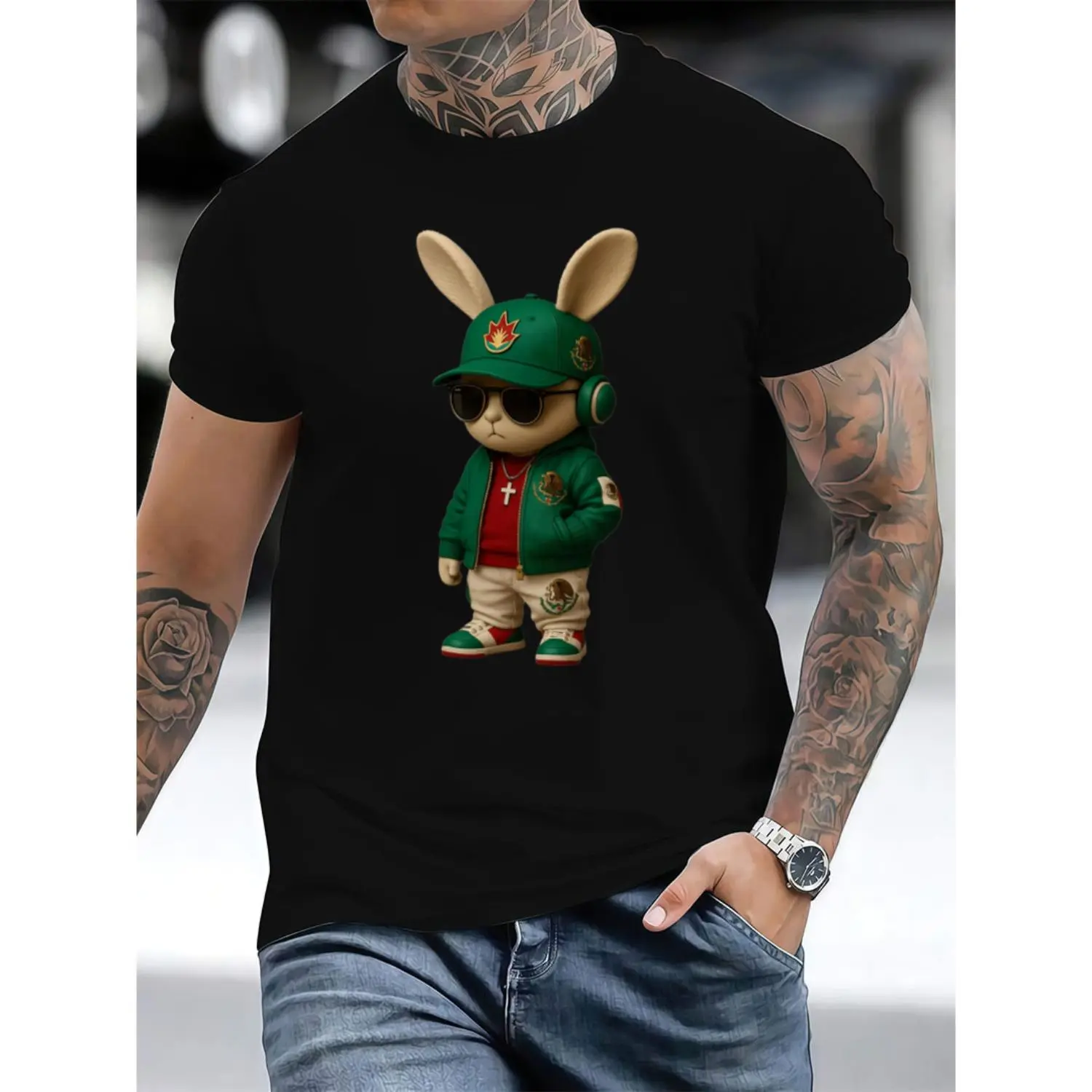 Menswear Cute Rabbit Graphic Tee - Unisex Streetwear Short-Sleeve Crew Neck Top, 100% Soft Breathable Cotton, Ideal for Matching Outfits