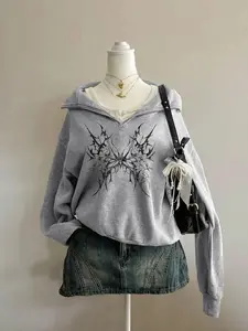 Women's Y2K Street Punk Style Hoodie, & Wing Print, Loose Fit, Half Zip High Neck, Fall & Winter Casual Fashion, Sweatshirts, Tops