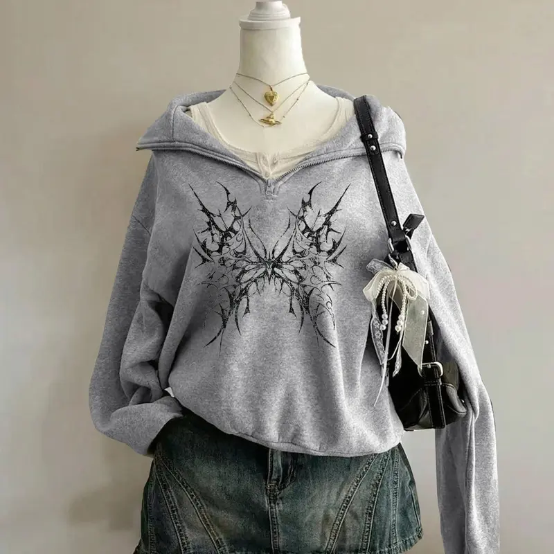 Women's Graphic Floral Long Sleeve Pullover Sweater Hoodie Casual Fitted Half-Open Cardigan, Vintage Street Style, Versatile Natural Texture, Fabric, Sweatshirts, Tops, Womenswear