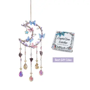 Moon Design Crystal Dream Catcher Magic Rainbow Wall Decoration Handmade Butterfly Vine Pendant for Family Room Garden Windows Christmas Thanksgiving Gift