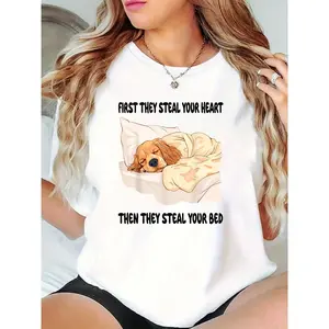 Women's Funny Dog Lover T-Shirt, Cute Sleeping Cocker Spaniel Graphic with "First They Steal Your Heart Then Your Bed" Quote, Casual Daily/Weekend Outfit for Dog Moms & Pet Owners 100% Cotton T-shirt