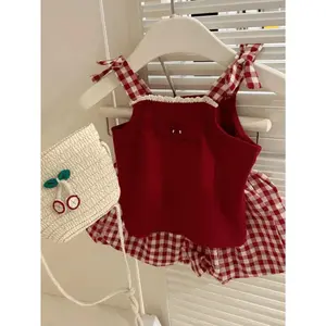 Girls' Summer Sweet Two-Piece Set: Sweet Red Camisole + Stylish Versatile Plaid Shorts, for Outdoor