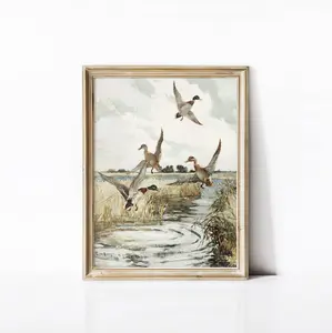 Mallard Ducks Poster No Frame, Vintage Wall Art, Flying Ducks Vintage Painting Decor Photo