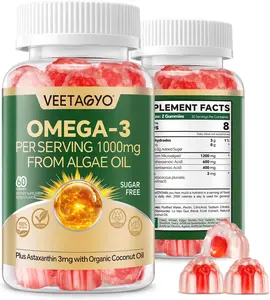 Vegan Omega 3 Gummies 1200mg - Dual Layer - Fish Oil Alternative, Marine Algae Omega 3 Supplement DHA 600mg, EPA 400mg with Astaxanthin, Sugar Free, 60 Cts
