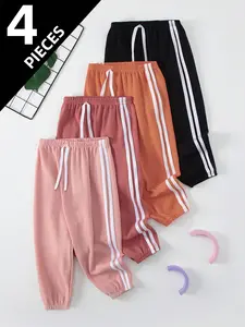 4-Pack Girls' Tie-Waist Leggings, Spring & Fall Lightweight Striped Pants, Casual Loose Fit, Perfect for Daily Wear, School, Outdoor Activities