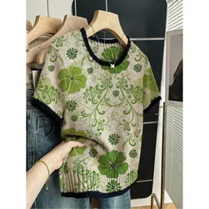 Floral Print Round Neck Sweater, Casual Short Sleeve Knitwear for Spring Summer Fall, Comfortable Warm Women's Clothing
