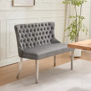 Velvet Double Dining Loveseat Bench, 2-Seat Tufted Bench with Wing Back, Brushed Silver Legs