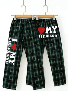 "Trending Couples Matching Green Black Plaid Pajama Pants 'I Love My Girlfriend' 'I Love My Boyfriend' Cute Graphic Print Soft Comfy Sleepwear Loungewear Bottoms for Valentines Day Anniversary Couple Goals Casual Homewear Nightwear"