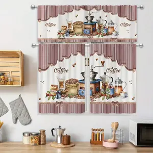1/2/3PCS Curtains Coffee Kitchen Curtain Valance Set Retro Watercolor Wave Lace Coffee Machine Cup Art Piercing Rod Home Decor Kitchen Cafe Office Living Room Bedroom Dining Room Decorative Curtain (Rod Not Included)