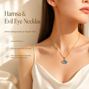 Titanium Steel Evil Eye Necklace Hamsa Hand Pendant for Women | 16 Inch Protective Amulet Jewelry | Dainty Spiritual Chain Gift for Her | Nazar Boncugu Necklace