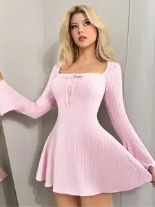 Women's New Knitted Plain Square Neck Long Sleeve Dress, Warm Butterfly Knot Decoration, Elegant Flare Sleeves, Fall Fashion