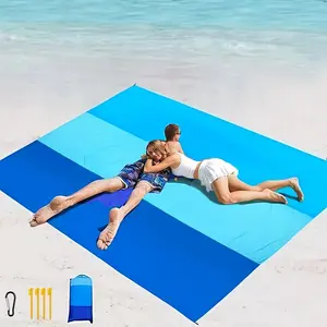 1 beach sand blanket, foldable beach mat with 4-angle fixing piles, suitable for outdoor camping, vacation hiking, polyester material oversized and lightweight picnic beach blanket