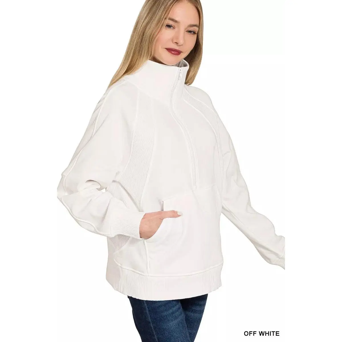 Zenana Half Zip Fleece Sweatshirt with kangaroo Pocket