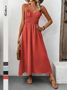 Women's Solid Color Spaghetti Strap Cami Dress, Casual Boho Bohemian Sleeveless Long Dress for Summer, Ladies Clothes for Beach Holiday, Casual Wear, Womenswear