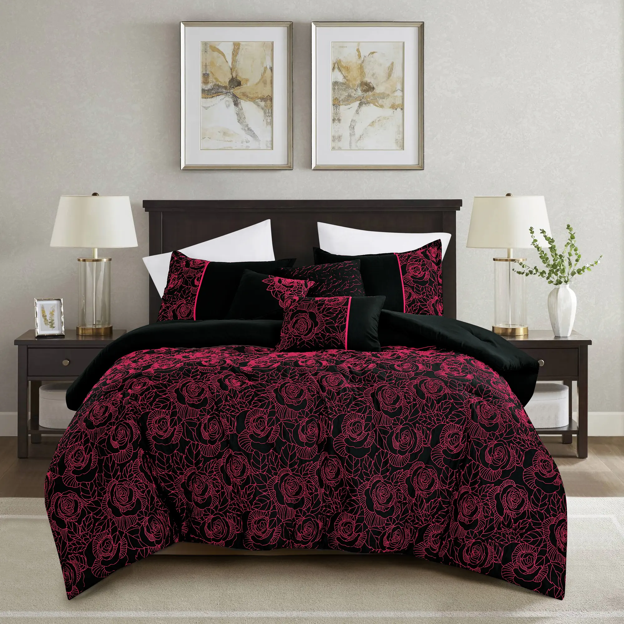 6-Piece Black Red Comforter Set – Romantic Rose Floral Bedding with Accent Pillows, Bold Luxury Bedroom Set – Queen, King, Cal King
