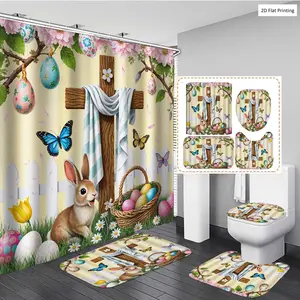 1/3/4PCS EASTER CROSS BUNNY EGGS BASKET BUTTERFLIES Shower Curtain Set with Rugs, Non Slip Bath Mat, U-Shape Carpet, Toilet Lid Cover, Polyester Fabric Bathtub Curtain Accessories, 12 Hooks, Home Bathroom Festiv