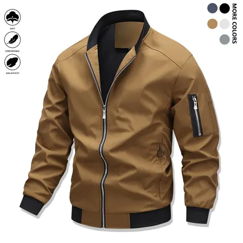Men's Lightweight Plain Polyester Jackets - Sports Slim-Fit, Stand Collar, Long Sleeves, Zipper Closure, Zipper Pockets, Durable Menswear Tops, Mensfashion, Suitable for Spring/Autumn Outdoor Training, Casual Wear