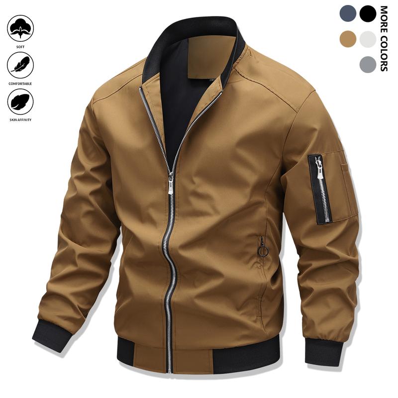 Men's lightweight casual jacket with sports slim fit zipper, stand collar, long sleeves, and zipper pockets, durable polyester fabric suitable for spring/autumn outdoor training, gym workouts, and casual wear, featuring a stylish minimalist design