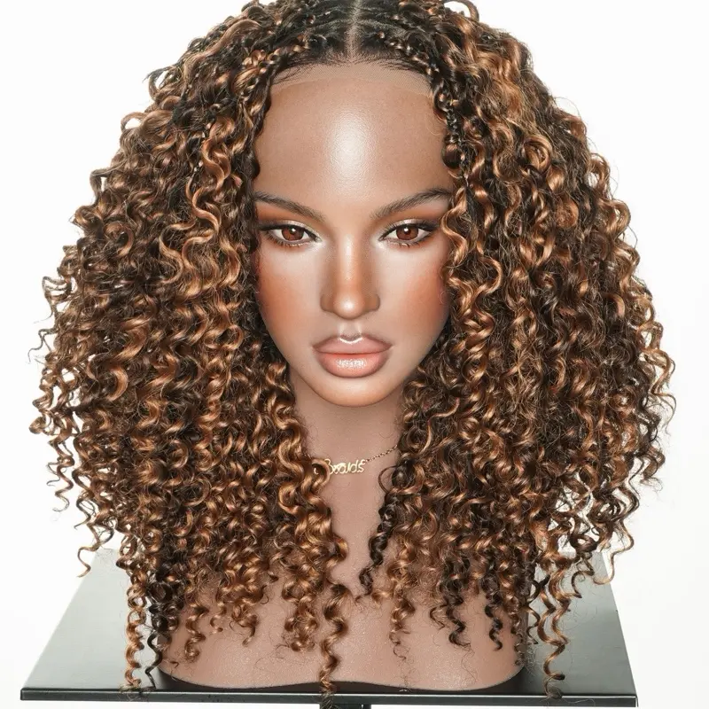 uBraids 14" Deep Wave Knotless Boho Box Braided Wig With Swiss HD Lace Blend Human Hair Curls Hand Tied Frontal and Double Lace Back Glueless Lace Wigs Lace Wear Wigs