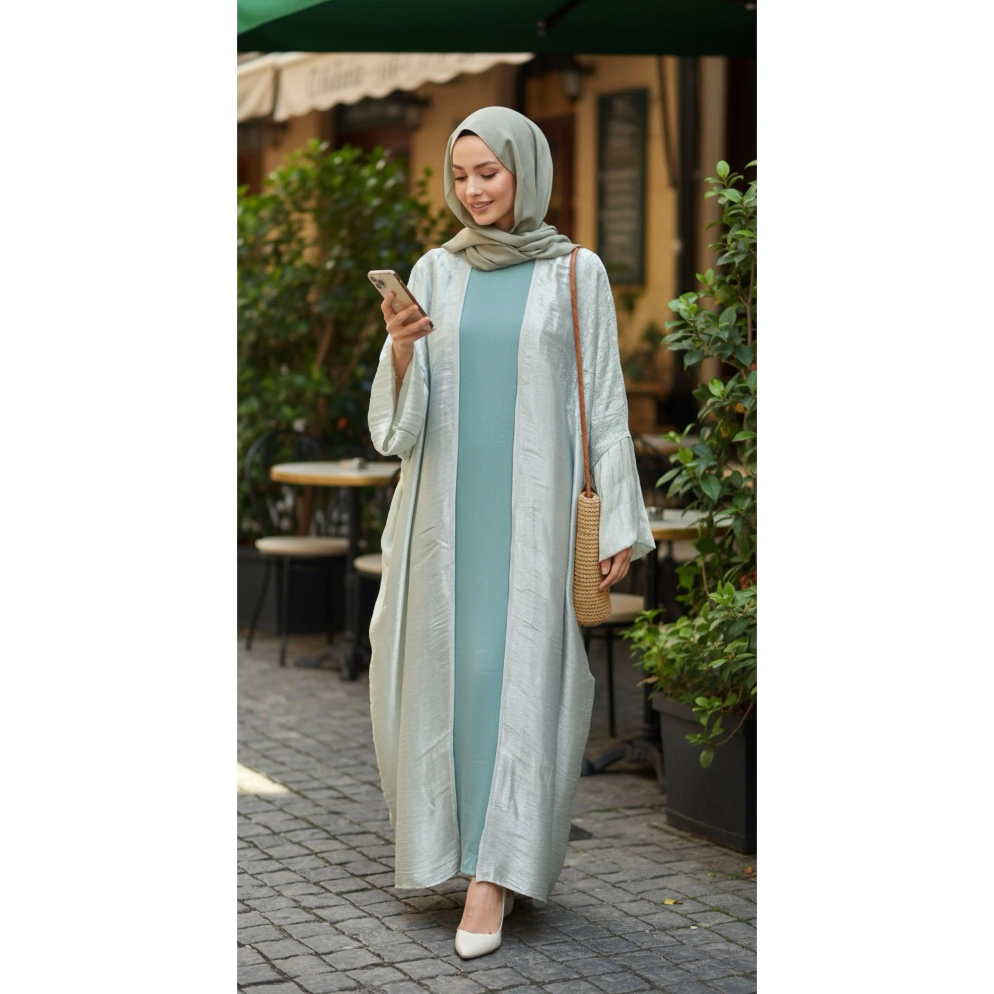 Elegant Seafoam Shimmer Open Abaya with Sleeveless Inner Dress Set