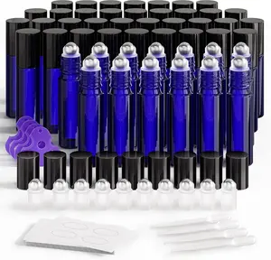ULG Oil Roller 48 Pack 10ml Cobalt Blue Empty with Stainless Roller Balls (10 Roller Balls, 4, 4 Droppers, 48 Waterproof Labels)