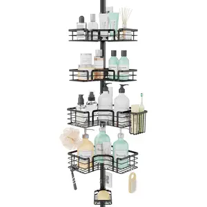 Shower  Tension Pole - 4-Tier Corner Shower Organizer Tension Rod with Soap Holder,  Holder & 4 Hooks, Adjustable Stainless Steel Bathroom Organizer 27.6 to 108.3 inch, Black