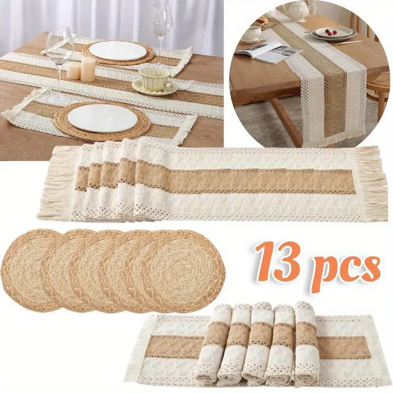 13PCS Boho Placemats Set, Handmade Grass Woven Meal Mats and Natural Cotton Linen Burlap, with 1 Macrame Burlap Table Runner 12x70inch, Table Mats Set for Dining Table Kitchen