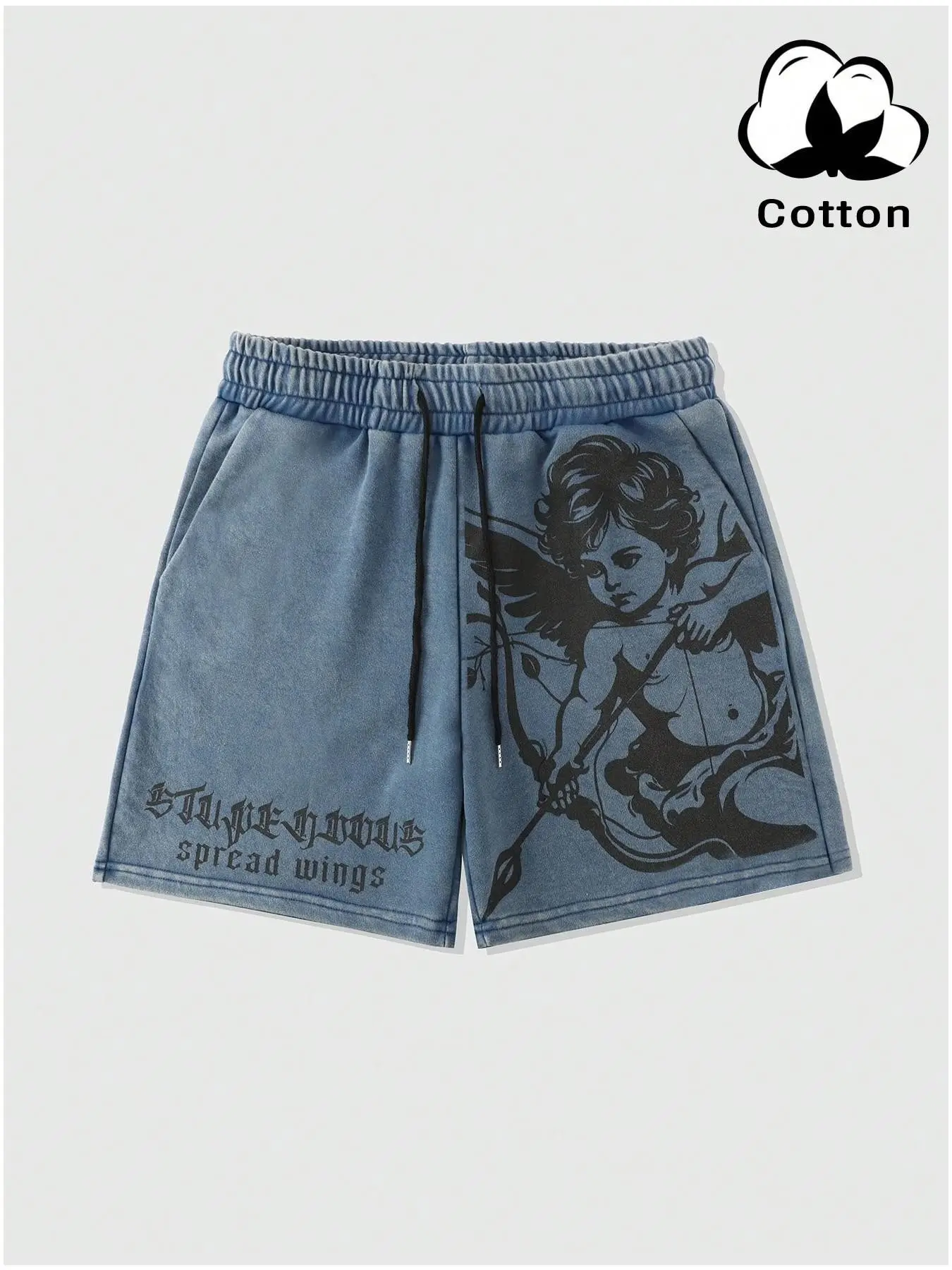 Unisex style. Summer streetwear shorts, Comfy Breathable Shorts, cotton shorts, soft, comfortable, breathable, featuring a Cupid angel print. Elastic waistband for a stylish, versatile look. Perfect for casual summer wear/parties