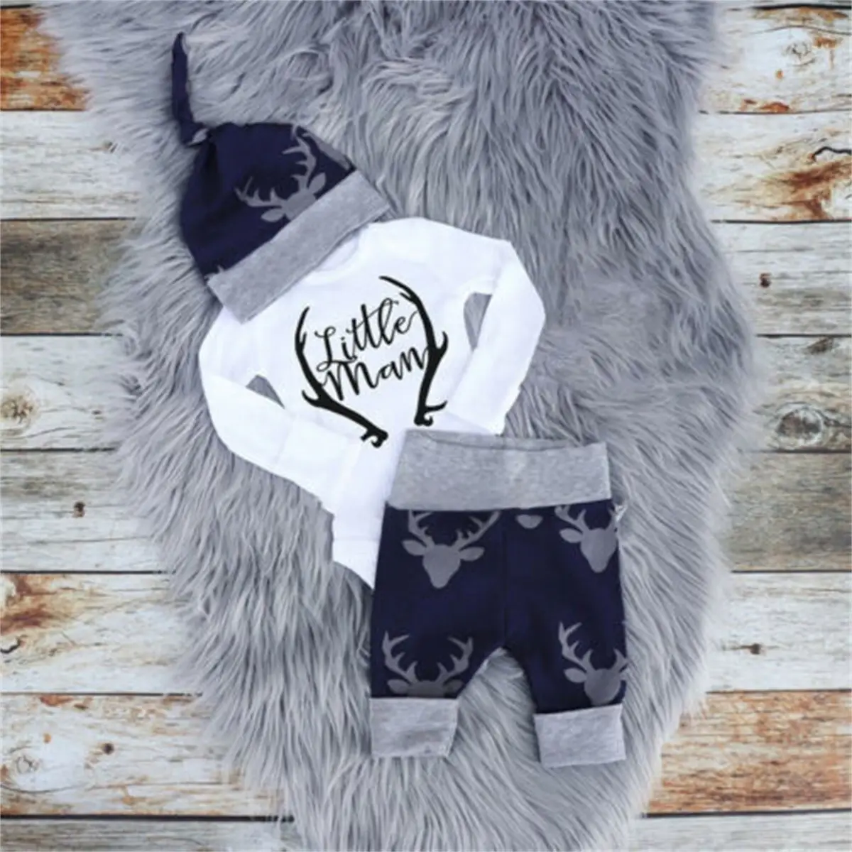 3PCS Newborn Infant Baby Boy Long Sleeve Little Man Romper Deer Pants Hat Clothes Set