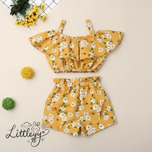 Toddler Baby Girl Clothes Outfits Off Shoulder Ruffled Flower Strap Crop Top + Elastic Band Shorts