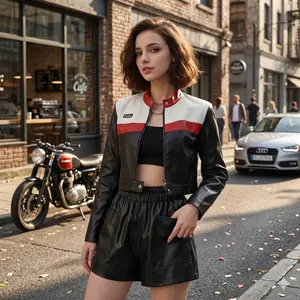 BIGWIG Women's Faux Leather Color-Blocked Stand Collar Short Motorcycle Jacket, Retro Motorcycle Jacket, Retro Punk Style Zip-Up Short Jacket, Street Style Motorcycle Jacket, Suitable for Spring and Autumn Wear Casual Ripped Jean