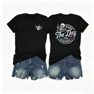 Women's Skeleton & Letter Print Round Neck Tee, Fashion Casual Crew Neck Short Sleeve T-shirt for Daily Holiday Vacation Outdoor Wear, Ladies Clothes for Summer, Summer Tops, Womenswear, Graphic Tees Women