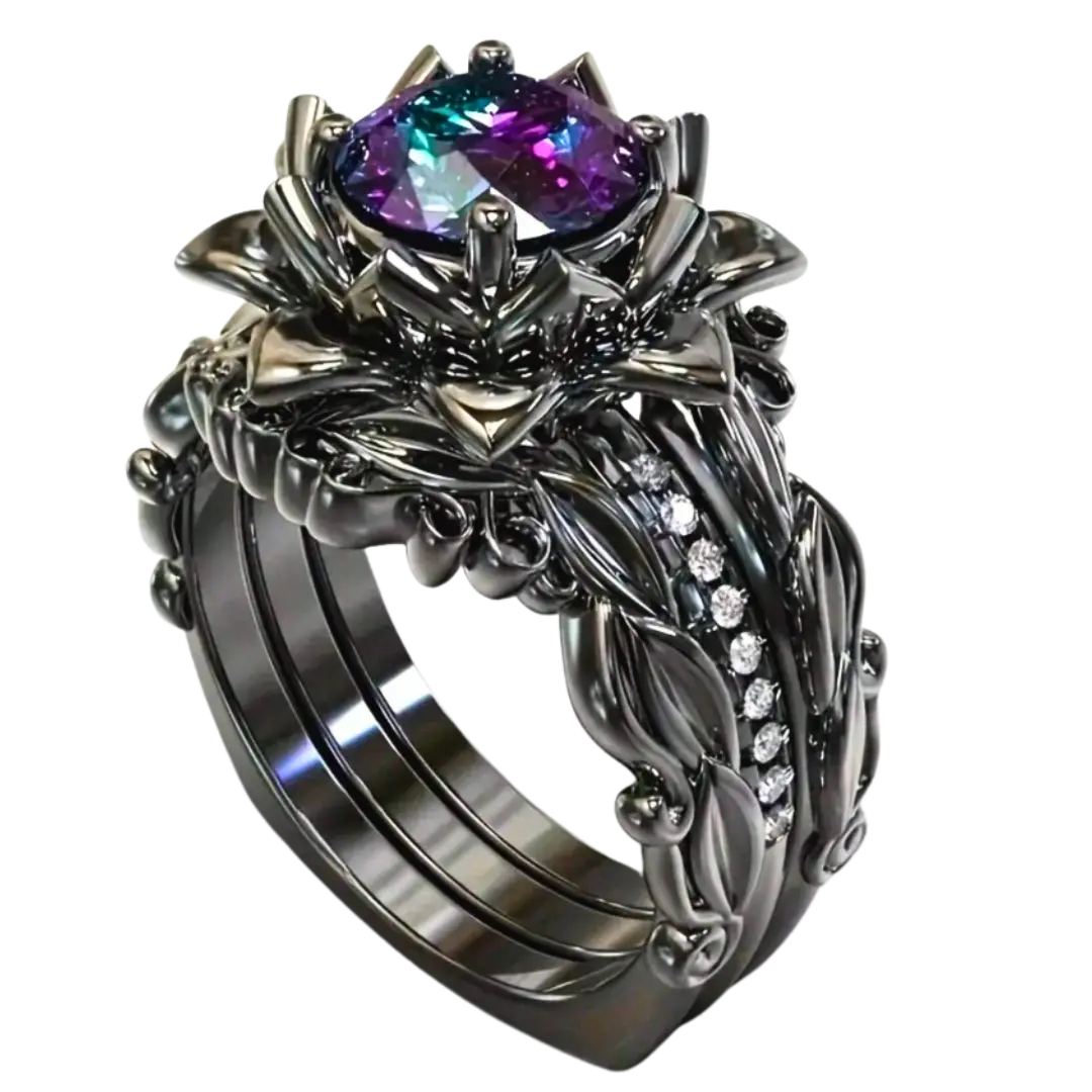 Luxury Black Leaf and Flower Ring Set of 3 inlaid with Rainbow Cubic Zirconia for Women - Fashion Jewelry for All Occasions