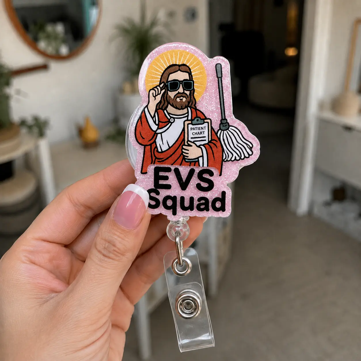 EVS Squad Badge Reel, Faith Inspired Pink Glitter Acrylic Retractable ID Holder for Hospital Housekeeping and Environmental Services Staff