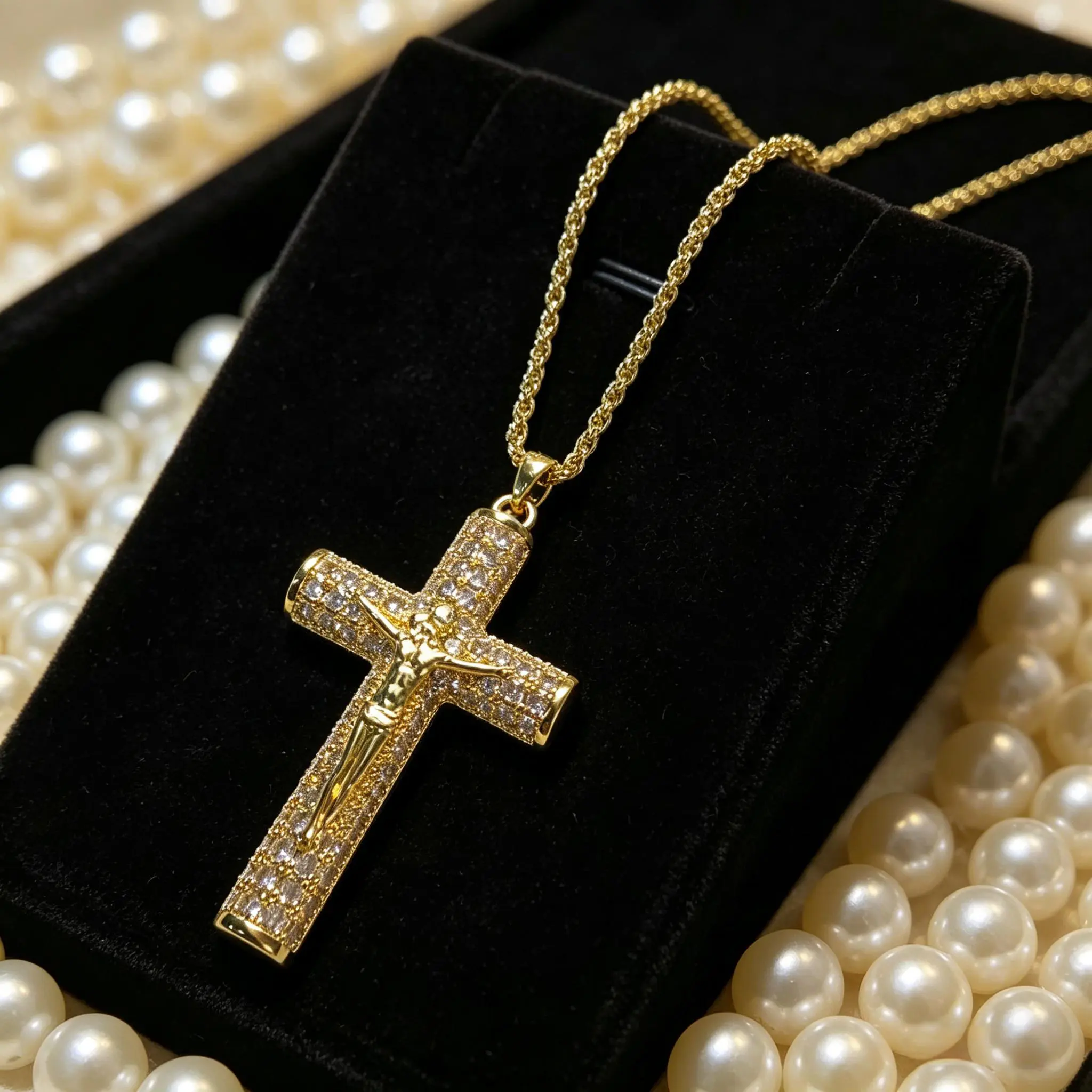 14K Gold Plated Iced Out Jesus Crucifix Cross Necklace with Rope Chain Religious Pendant for Men and Women Elegant Design Versatile Jewelry