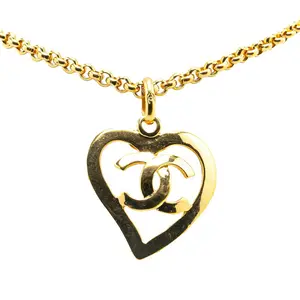 Pre-owned CHANEL Stainless Small Leather Goods Gold Plated Coco Mark Heart Motif Necklace 95P